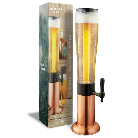 Hammer   Axe Beer Tower Drink Dispenser with Pro-Pour Tap and Freeze Tube to Keep Beverages Ice Cold, Perfect for Parties and Gameday, Home Bar Accessories, 2.75 Qt./2.6 L, Copper Finish