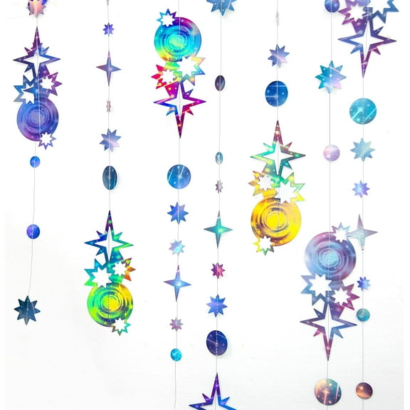 Cheerland Iridescent Star Galaxy Hanging Streamer Banner Backdrop, 6 Pcs