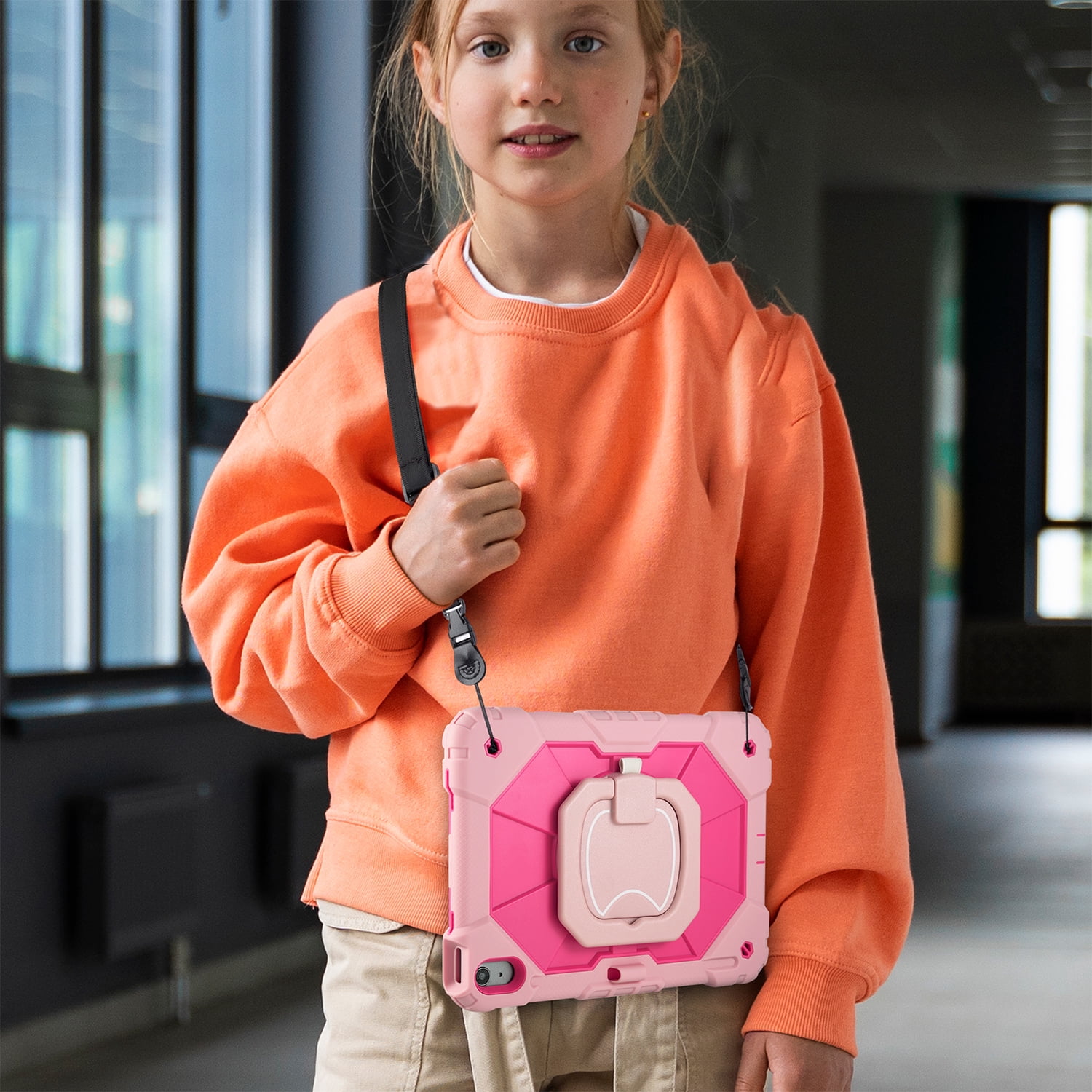 Vena For Apple iPad A16 Case For Kids (10.9"), iPad 10th Generation Case 360° Rotating Hand Strap Stand, iPad 11th Generation Cover with Pencil Holder and Shoulder Strap, Pink