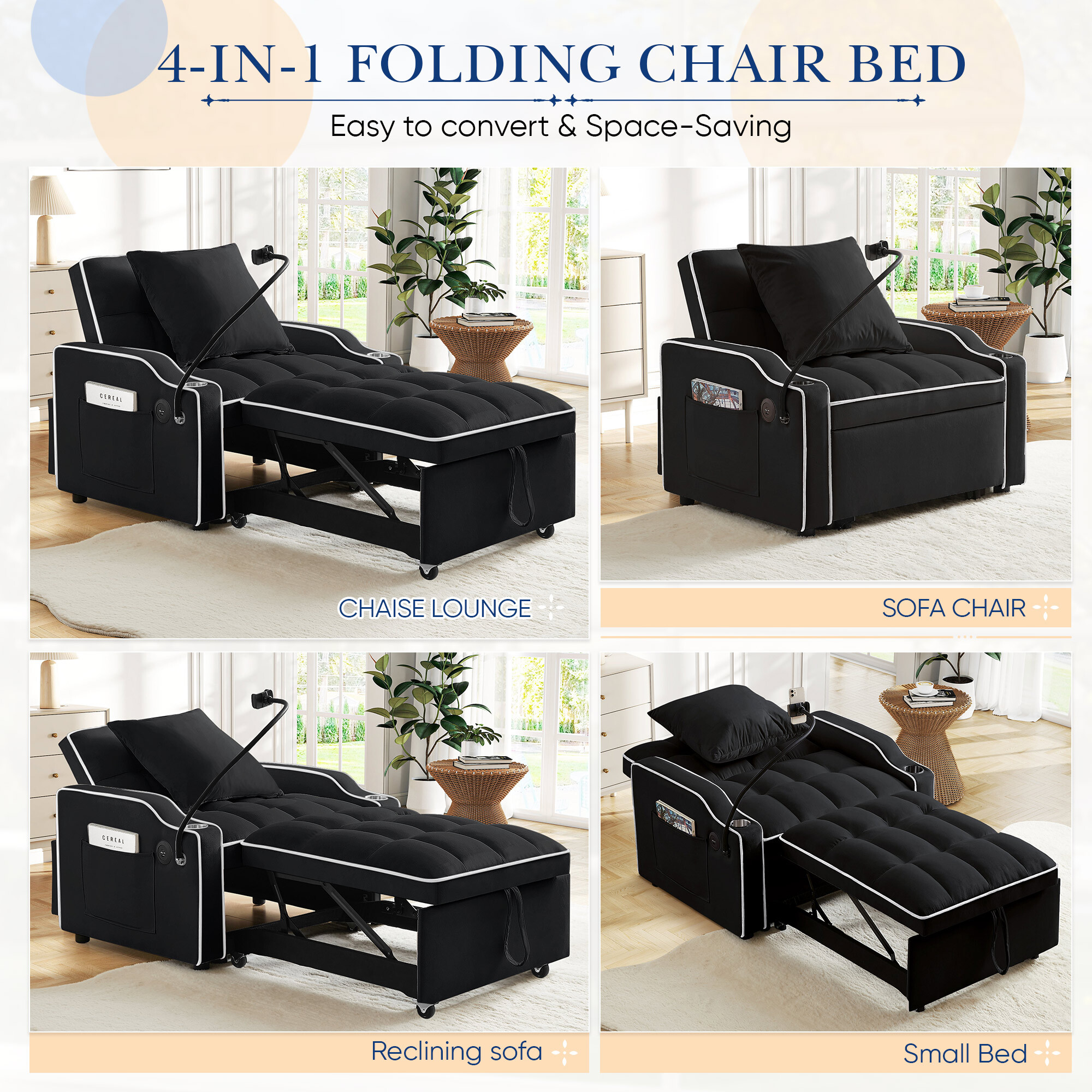 Lunale 4-in-1 Convertible Sleeper Chair, Black Velvet photo 2