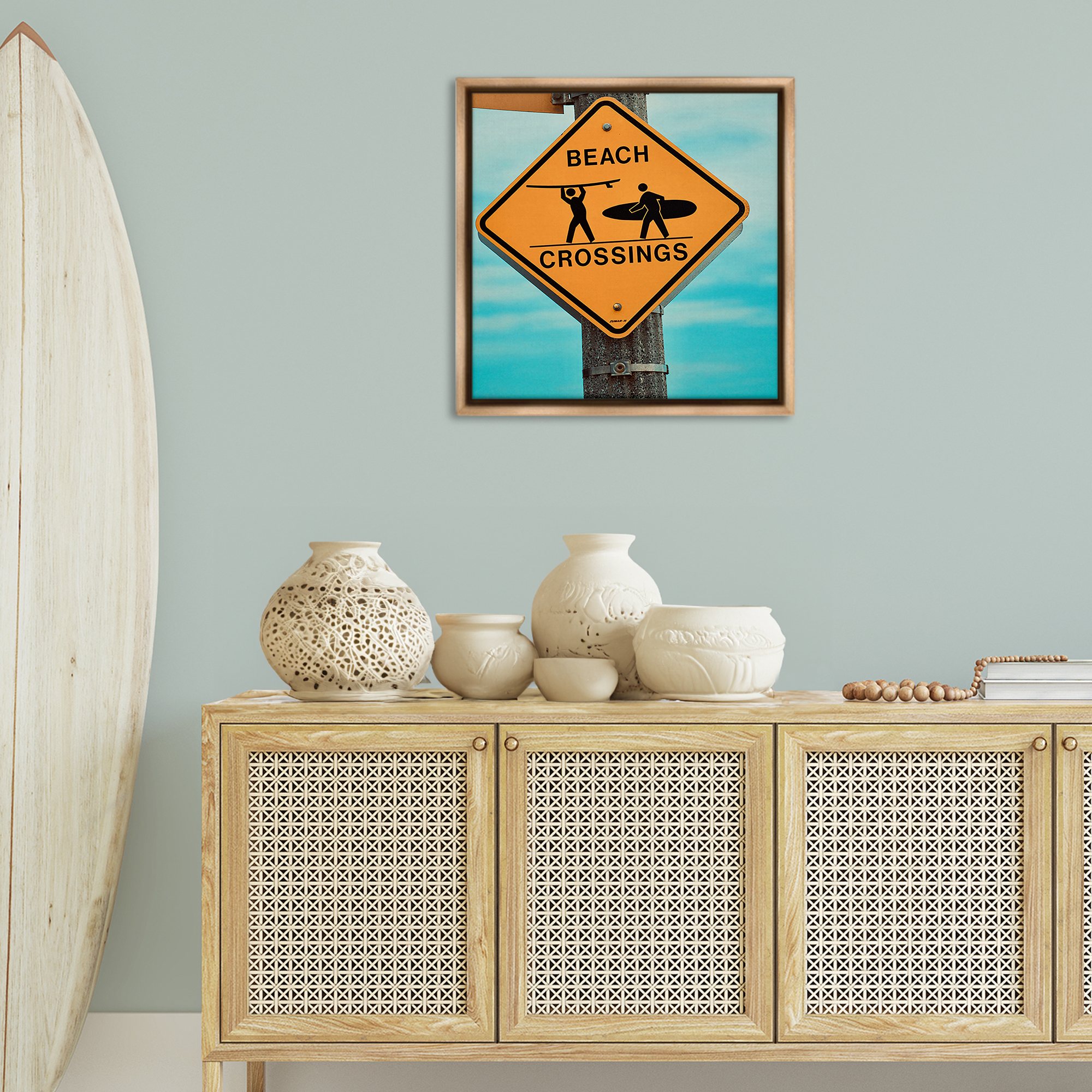Stupell Industries Beach Crossing Sign Nautical & Beach Photography Brown Floater Framed Canvas Art Print Wall Art, 25 x 25
