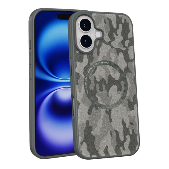 Case for iPhone 16 Camouflage Pattern PU Leather TPU Bumper Frame, Magnetic Phone Case Compatible with MagSafe, Luxury Slim Lightweight Shockproof Drop Protective Cover, Darkgray