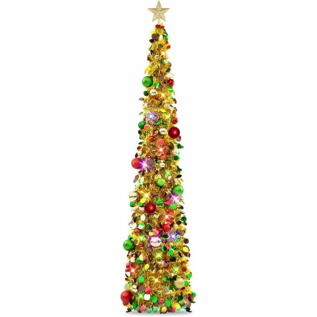Fall Tree Home Decor Pop Up Tree with Lights & Timer & Modes Collapsible Tinsel Pencil Tree for Autumn Harvest Porch Thanksgiving Party Decorations Maple Leaves