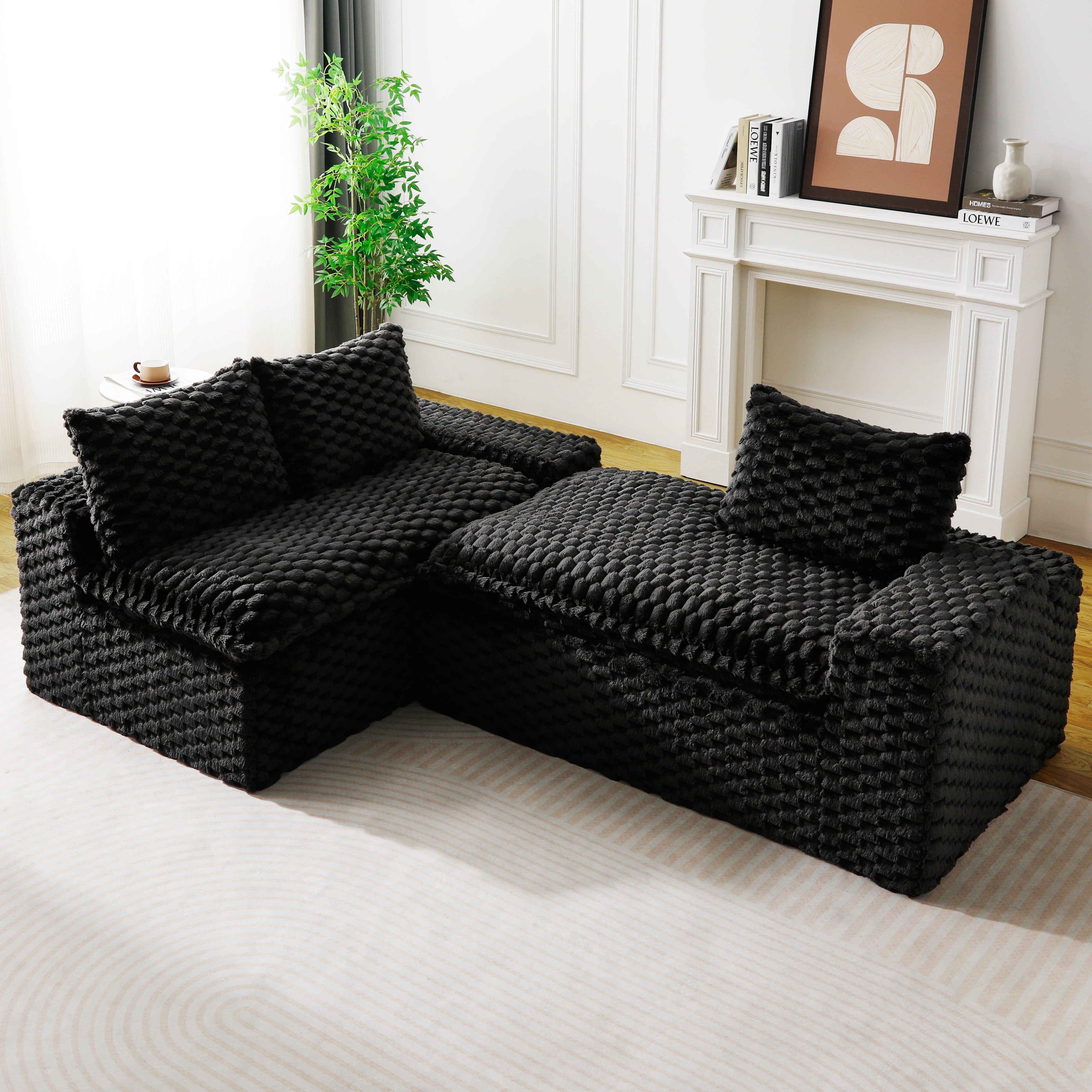 HOQBN 96"W Modular Sectional Sofa,L Shape Modern Corduroy Cloud Couch,Upholstered Deep Seat Boneless Sofa Couch with Left Chaise Lounge for Living Rooms,No Assembly Required,Black