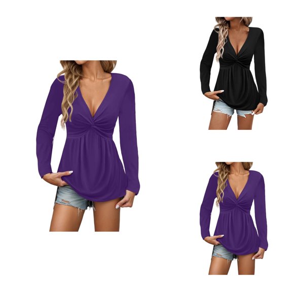Women's Long Sleeve Knotted Front V-Neck T-Shirt, Soft Comfortable Fall Winter Casual Blouse, Solid Color Pullover Top