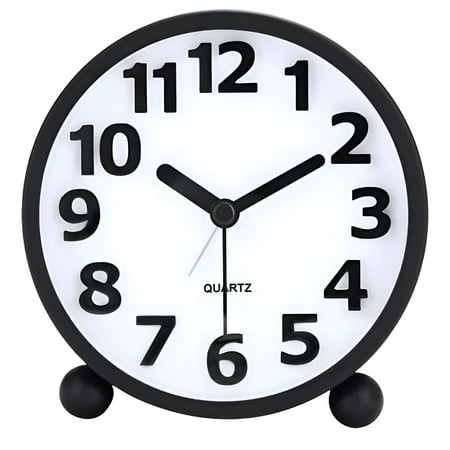 DESIGNICE Silent Analog Alarm Clock,Black Metal Large 3D Numbers,Non-Ticking Table Clock with Night Light Bedside Alarm Clock 10.8cm