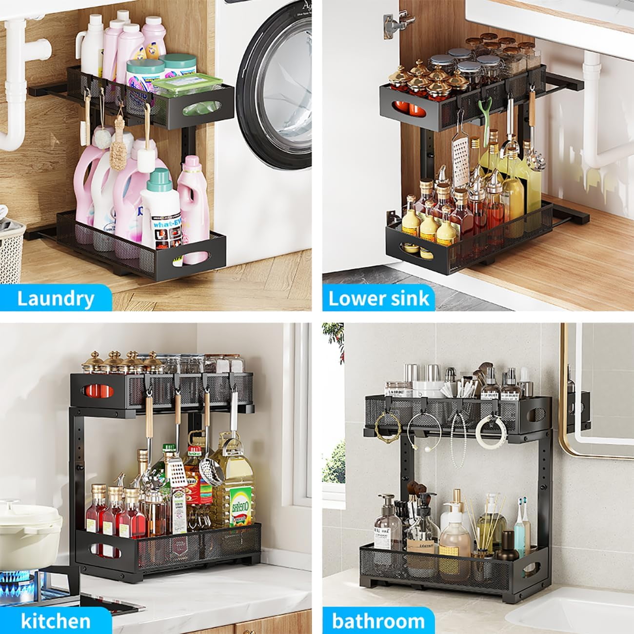 2 Pack Under Sink Organizer and Storage, 2 Tier Pull Out Sliding Cabinet Shelf, 5-Level Height Adjustable Thickened Carbon Steel Storage Rack for Kitchen Bathroom Cabinet, Black