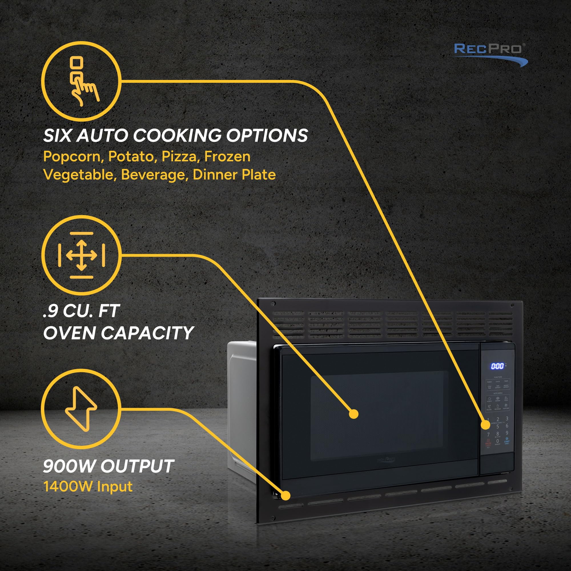 RecPro High Pointe Built-in Black Microwave | 0.9 Cu. Ft. | 6 Cook Modes | Child Lock | Touch Pad Controls | Mute Mode