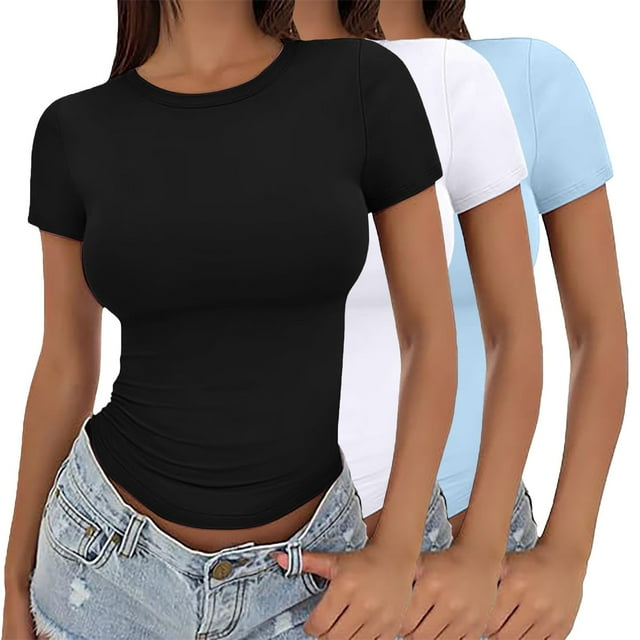 T-Shirt à Manches Courtes pour Femmes Soldes de Liquidation T-Shirts Mélangeurs pour Femmes T-Shirt Court pour Filles Chandail d'Été pour Femmes Col Rond Fin Mode Manches Courtes