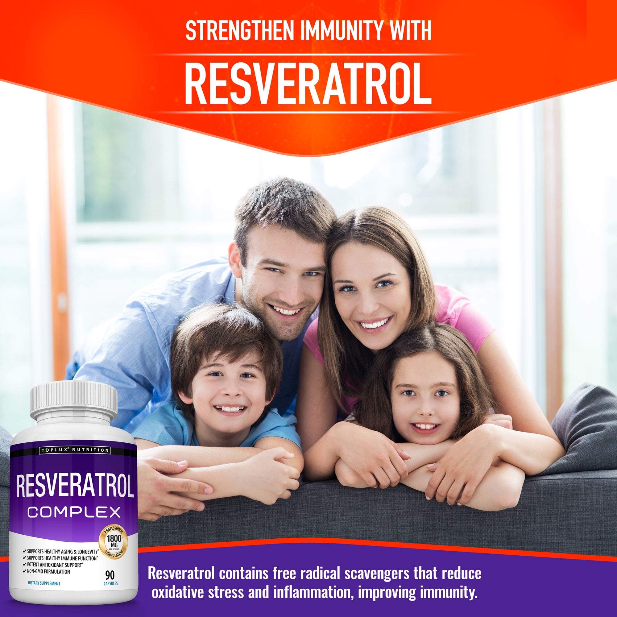 Toplux Resveratrol Supplement 1800mg Trans-Resveratrol for Antioxidant Anti-Aging Support 90 Capsules