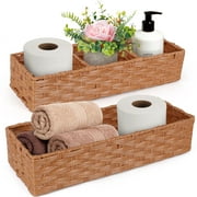 LotFancy Toilet Paper Storage Basket, 2 Pack Woven Wicker Toilet Tray Tank Topper Baskets,Brown