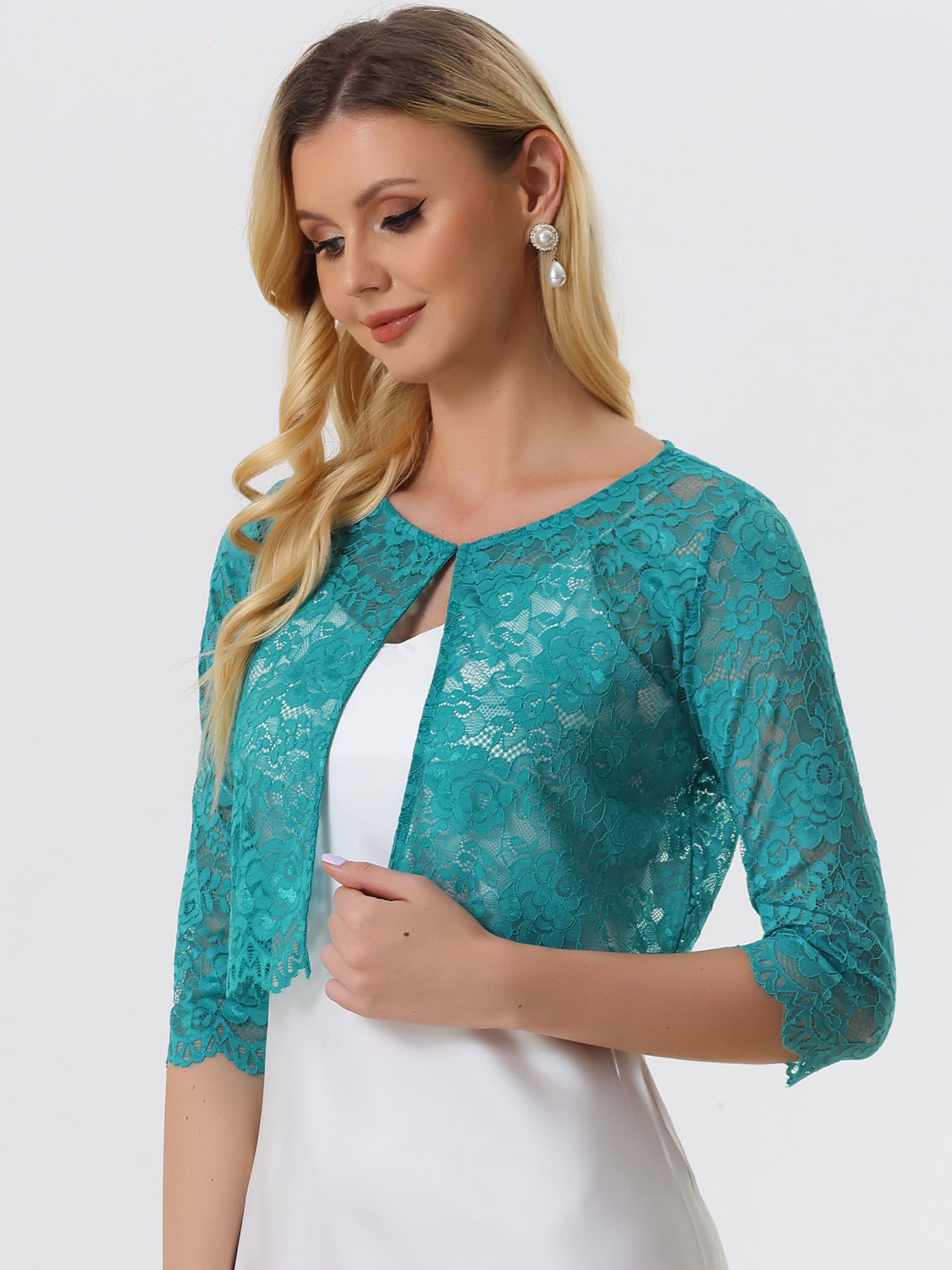 DARING DIVA Leisure Allover Floral Lace Crop Shrug Cardigan XS Malachite Green