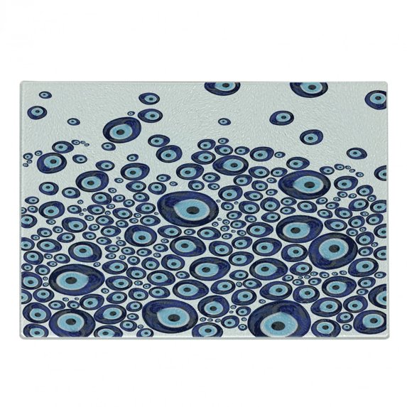Evil Eye Cutting Board, Luck Glass Look Beads Graphic on Plain Background, Decorative Tempered Glass Cutting and Serving Board, in 3 Sizes, by Ambesonne