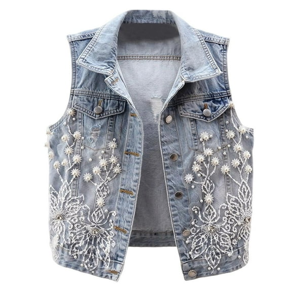 Jackets for Women Pearls Ripped Denim Cropped Vest Sleeveless Button Down Jeans Short Waistcoats 2025 Winter Outfits