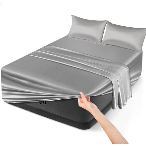 Air Mattress Sheets Queen, Extra Deep Pocket Satin Sheets Set 4-Piece for Air Mattress and Thick Mattress up to 24 Inches, 1 Fitted Sheet 1 Flat Sheet and 2 Pillowcases, Gray