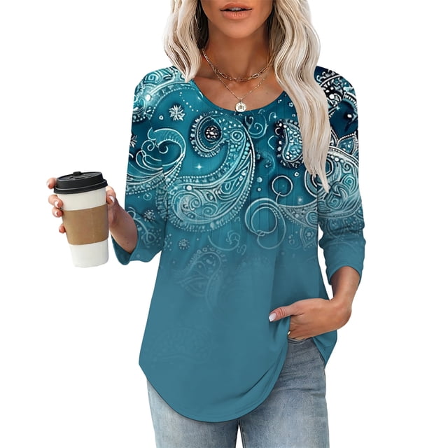 TaTaai Pleated Front Blouse for Women 3/4 Sleeve Round Neck Printed Top Casual Loose Fit Fashion Tunic Soft Stretchy Comfortable Shirt for Daily Vacation Gift