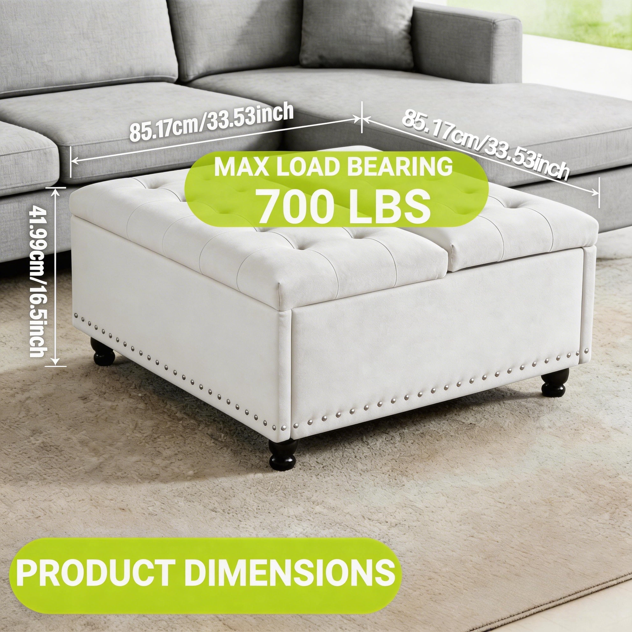 Haewon 34 inch Extra Large Storage Ottoman Coffee Table, No Assembly Required, Oversized Square Ottoman with Storage, Tufted Upholstered Ottomans Coffee Table for Living Room ,Fabric, White