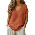 thumbnail image 2 of LIZUOJUN Women's Soft Basic Short Sleeve T-Shirt V-Neck Short Sleeve Shirt Washed Crinkled Texture Cotton Linen Blouse Breathable Lightweight Casual Summer Top,Orange,XL, 2 of 6