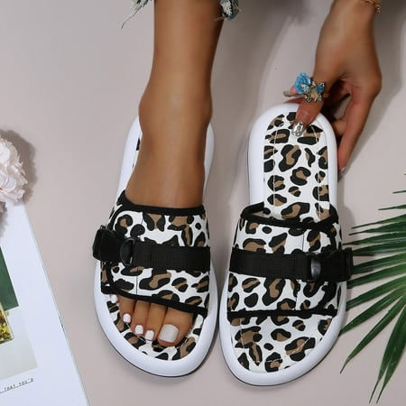 

HIBRO Women s Summer Leopard Print Slip-On Flat Beach Open Toe Breathable Sandals Shoes Slippers