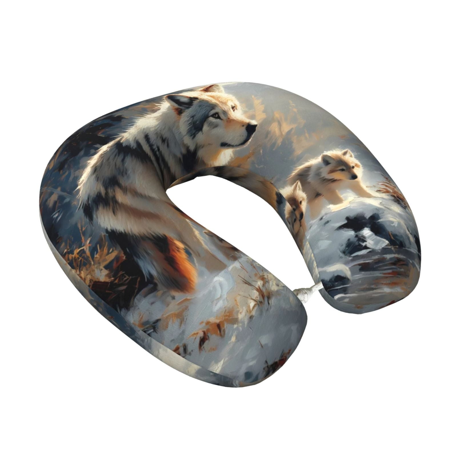 Xecao Wolf Family Winter Wonderland Print Memory Foam Cervical Neck Pillow Versatile U-Shaped Pillows for Home,Office,Camping,Travelling,Soft Washable Cover