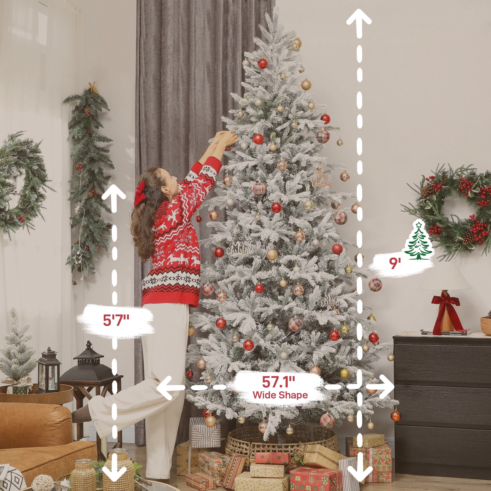 9ft Snow Flocked Full Christmas Tree 2514 Tips Quick Setup Flame Retardant Indoor Holiday Decor