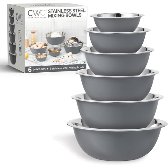 COOK WITH COLOR Stainless Steel Nesting Mixing Bowls Set for Kitchen, Grey, 6-Piece