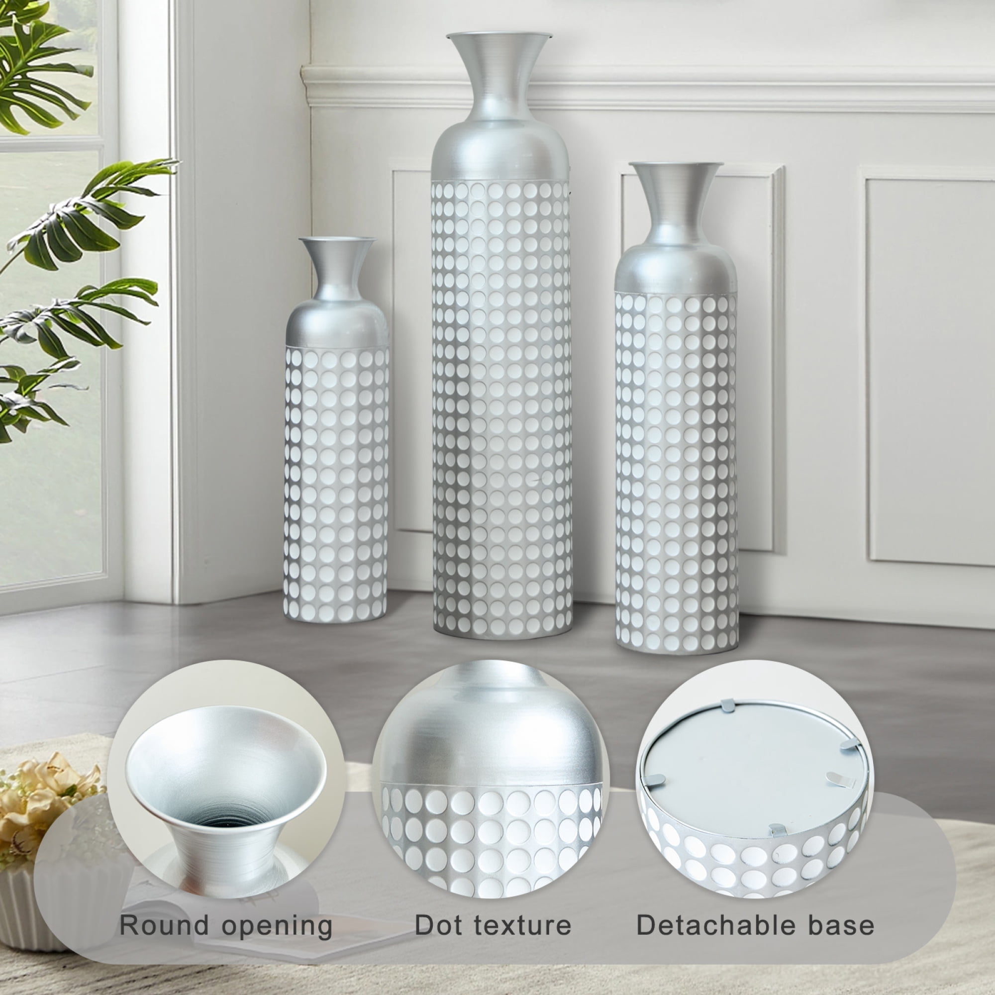 Leumius 3 Pack Silver Metal Vase Set, Tall Embossed Nested Vases, Semi-Handcrafted Decorative Centerpieces for Home Living Room Floor Fireplace