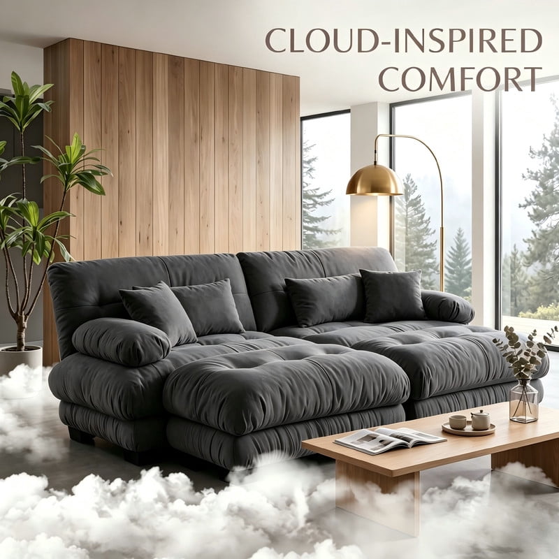 ANPPORT Cloud Couch Sleeper Sofa, Chenille Gray 2-Seater Modular Sofa with 2 Ottomans, 2 Lumbar pillows, 2 Pillows, Comfy Deep Seat Cloud Sofa, Convertible L-Shaped Floor Couch for Living Room