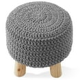 thumbnail image 5 of Hand-Knitted Cotton Pouf Ottoman Footstool, 13" Round x 11" High, Boho Accent Footrest with Non-Skid Legs, Foot Stool and Extra Seating, Light Gray, 5 of 7
