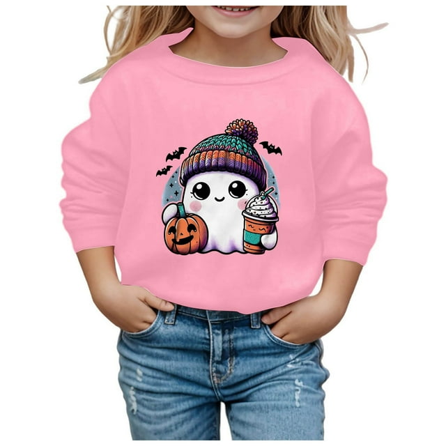 HNMKIU Chandail en Molleton de Mode pour Filles Halloween Imprimé Mignon Col Rond Manches Longues Chandail Décontracté pour Enfants Tout-Petits Rose, 4-5 Ans