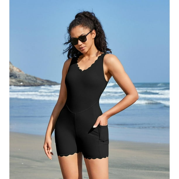 Beautyin Womens Training Swimwear Scalloped Ribbed One Piece Swimsuit Boyleg With Two Side Pockets Bathing Suits Other