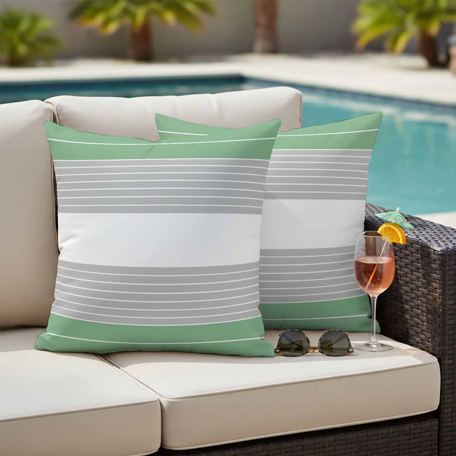 Green Grey Stripe Outdoor Waterproof Pillow Covers, Modern Art Horizontal Striped Decorative Square Throw Pillowcase Sofa Cushion Sham for Patio/Couch/Chair, 24"x24" 2 Pack