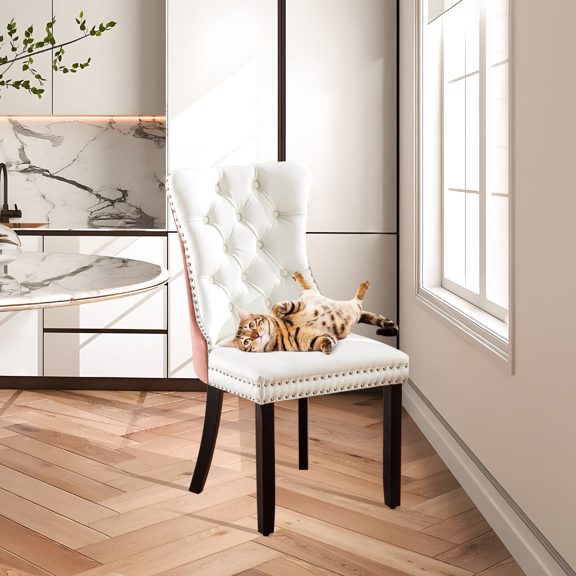 DONICK Velvet White Pink Upholstered Dining Chairs Set of 6, Kitchen & Dining Room Chairs Nailheads Tufted Soft Solid Wood Frame