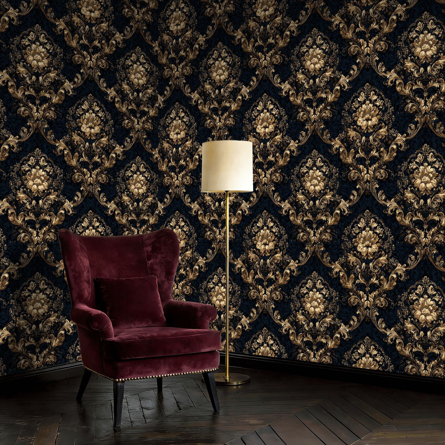 Baroque Peel and Stick Wallpaper Luxurious Navy Damask Rich Baroque Gold Wall Mural 17.7in x 9.8ft Self Adhesive Removable Wall Paper Renter Friendly Wallpaper for Bedroom Livingroom Men