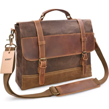 NEWHEY Mens Messenger Bag Waterproof Canvas Leather Computer Laptop Bag 15 Inch Briefcase