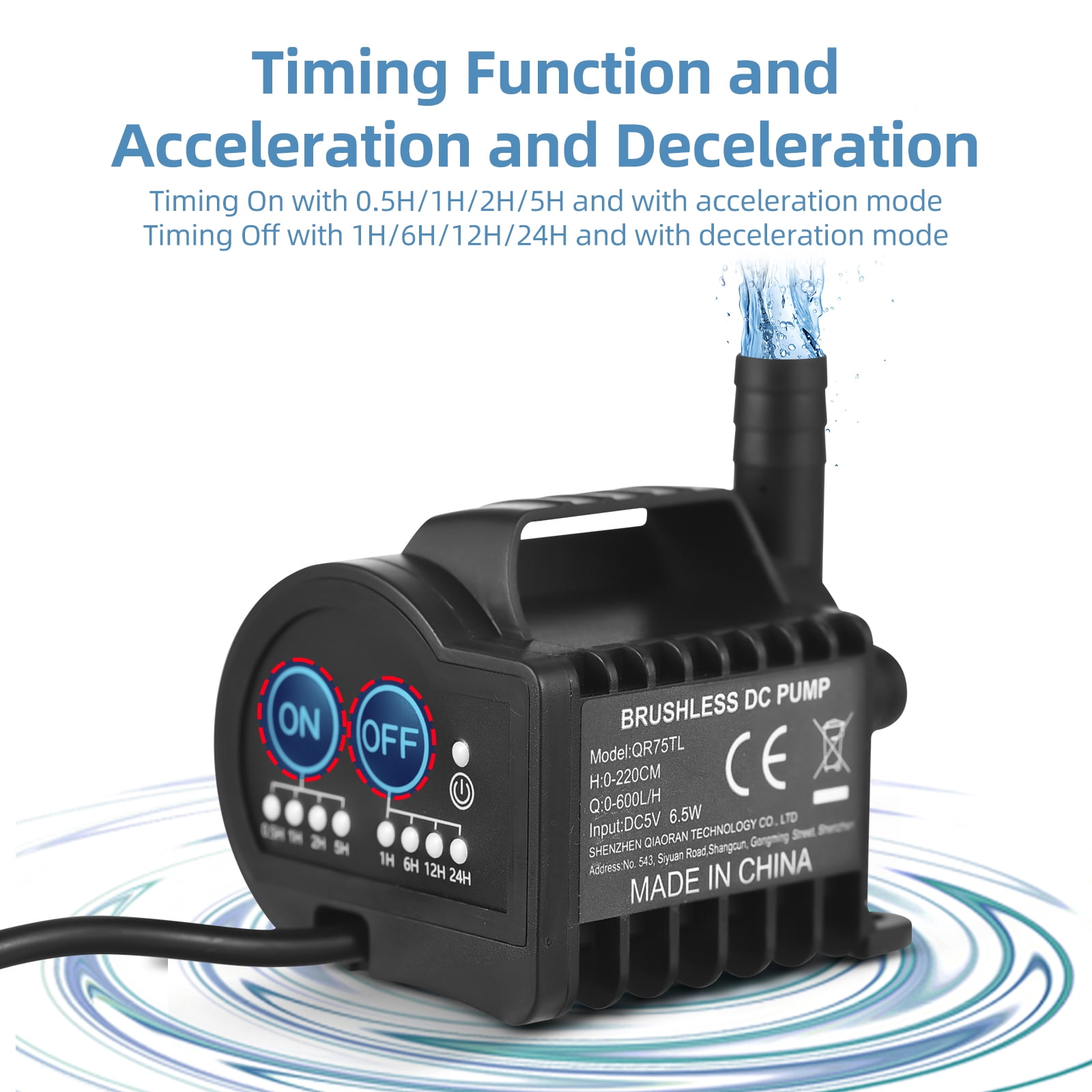 Mini 5V Water Pump with 4 Gear On/Off Timing, Acceleration and Deceleration Function, Max 600L/H Flow 7.2ft Lift, USB Charging Cable and Suction Cup Base