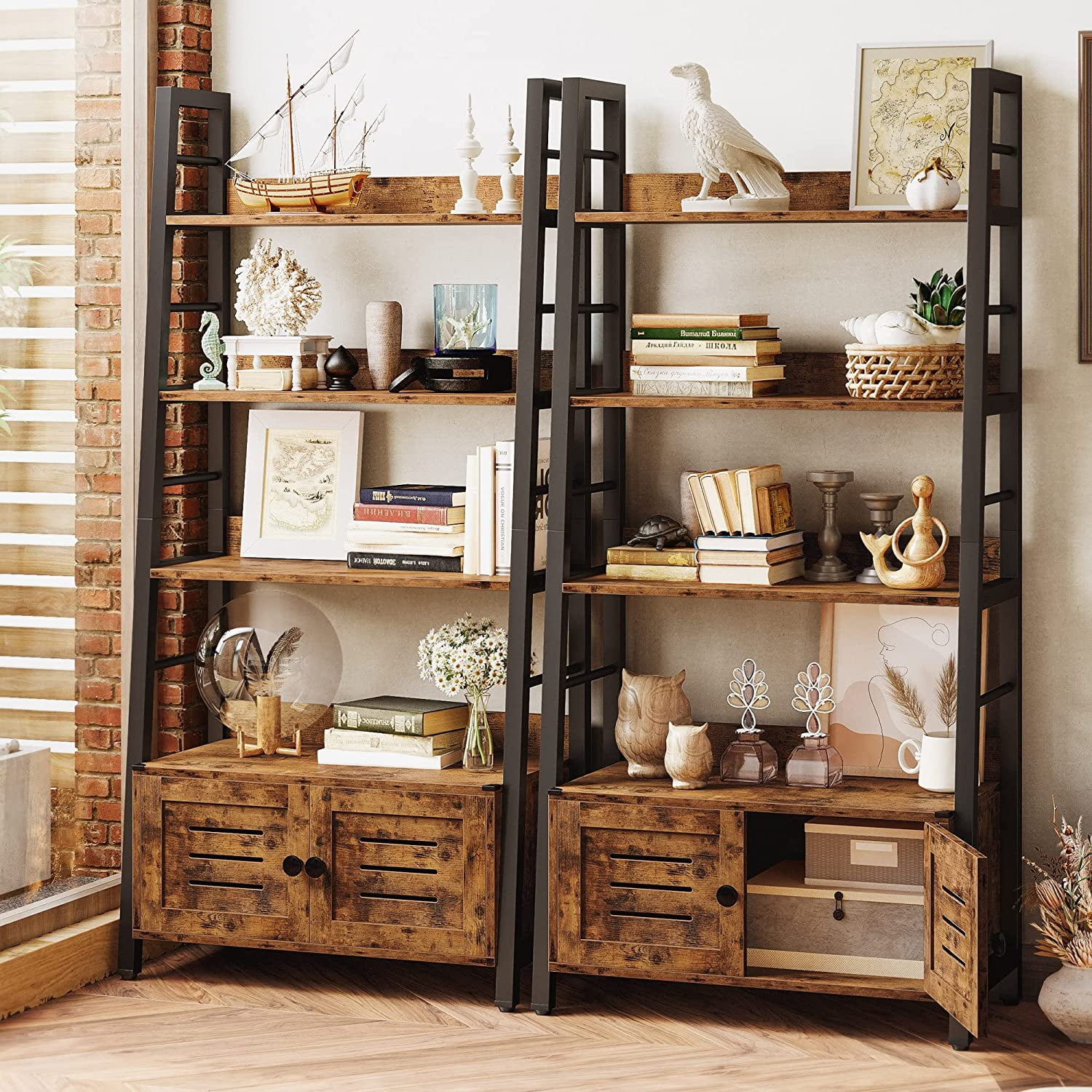 Buy Ironck Bookshelf With Louvered Doors, 4-tier Ladder Shelf For 