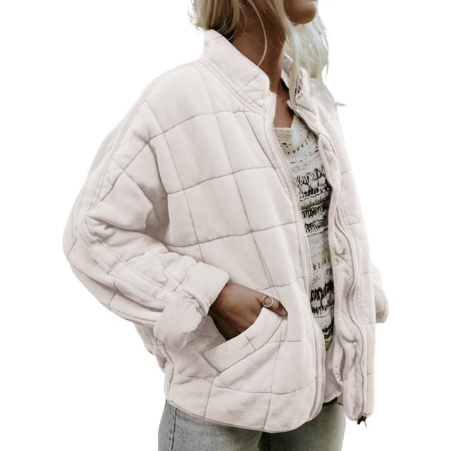 ITFABS Women Stand Collar Long Sleeve Solid Color Full Zip Quilted Jackets