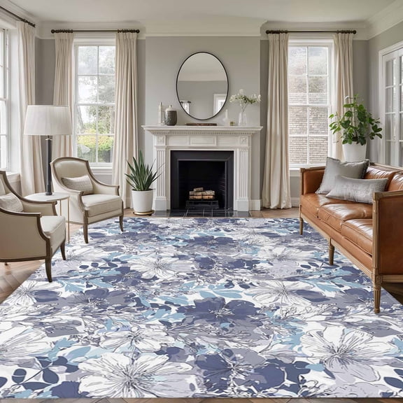 Blue Floral Area Rug 8x10 Washable Rug Non Slip Spring Botanical Flowers Leaves Vintage Large Area Rug Soft Stainresistant Indoor Floor Carpet for Living Room Bedroom Home Office Dining Room Nursery