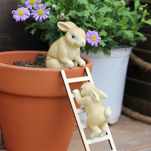 Whimsical Rabbits Figurine,Garden Bunny Climbing The Stairs Statues, Easter Day Rabbits Sculptures,Cute Bunny Figurines Garden Decor for Indoor Outdoor,Rabbit Flower Pot Hugger