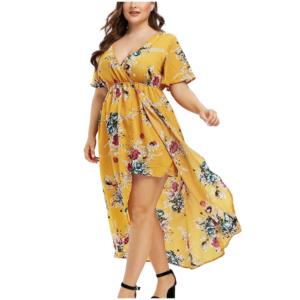 CieKen Fashion Women Short Sleeve Floral Printed Bell Sleeve High Low Maxi  Dress - Walmart.com