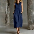 thumbnail image 2 of Cotton Midi Dresses for Women Sleeveless Collared V Neck Dress Button Up Colorblock Summer Vacation Sundress with Pockets Navy,L, 2 of 7