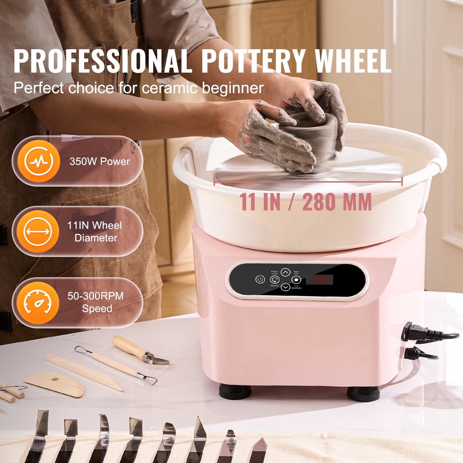 KFFKFF Pottery Wheel, 11" Crafting Wheel, 350W Electric Motor, Includes Foot Pedal & LCD Touch Screen, Direct Drive Design, Comes with Sculpting Tools, Ideal for DIY Art Projects, Pink