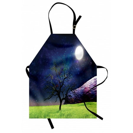 

Tree Apron Moon Illuminates A Tree Full Moon Galaxy Grass Creative Fantasy Illustration Print Unisex Kitchen Bib Apron with Adjustable Neck for Cooking Baking Gardening Green Navy by Ambesonne