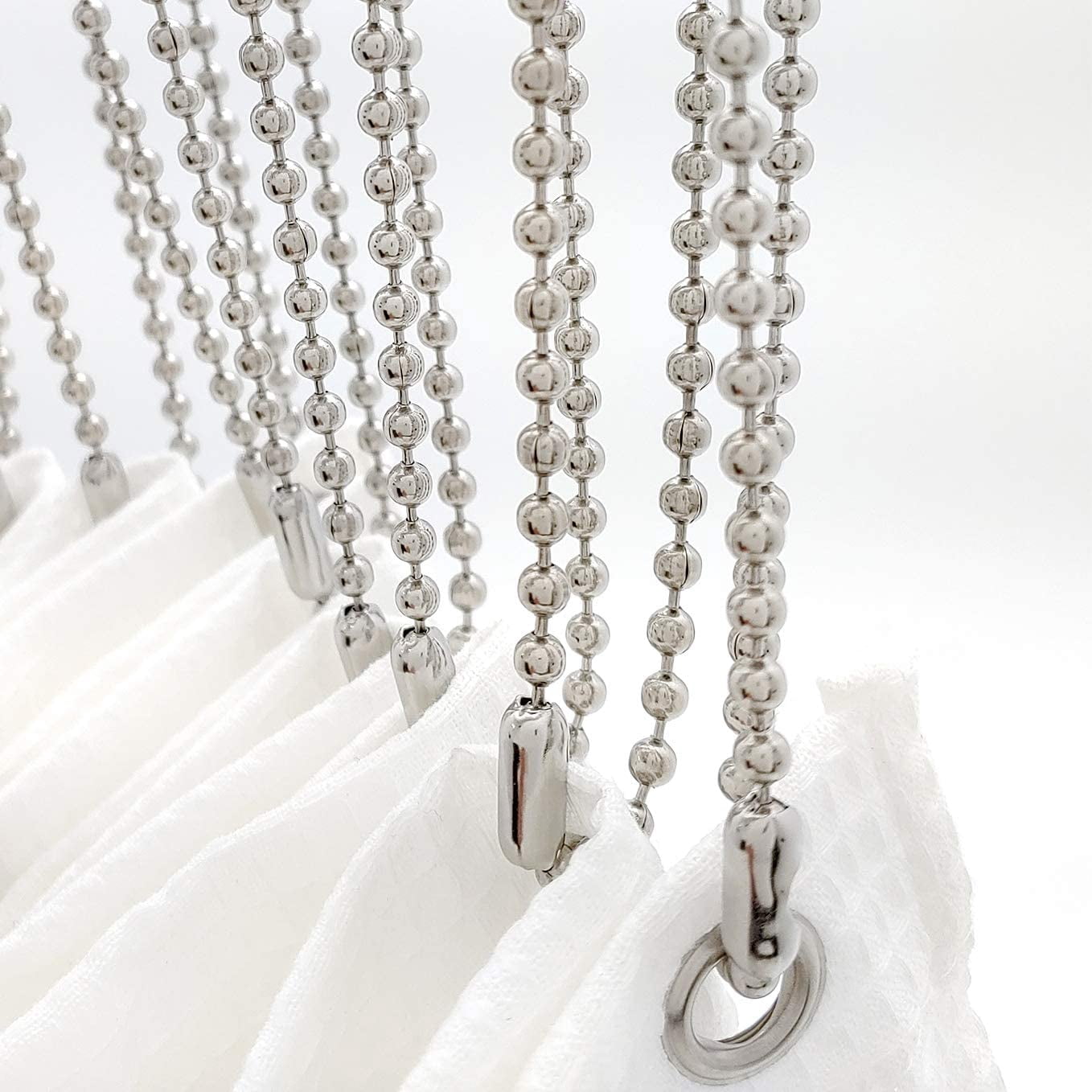 Stainless Steel Shower Curtain Hooks, 55 Inch Ball Chain Design, 12 Pack Rust-Resistant Metal Curtain Rings for Bathroom Rods, Heavy Duty 4.5mm Shower Curtain Hangers