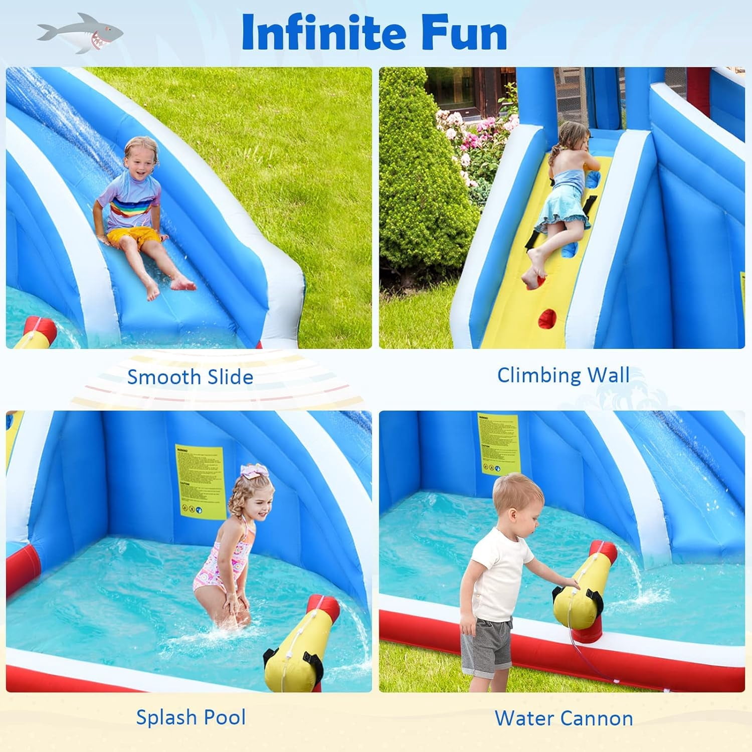 OLAKIDS Inflatable Water Slides, Bouncing House with Slide, Splash Pool, Climbing Wall, Water Blaster, Shark Themed Bouncer Castle Outdoor with Hose, Carry Bag, Blower