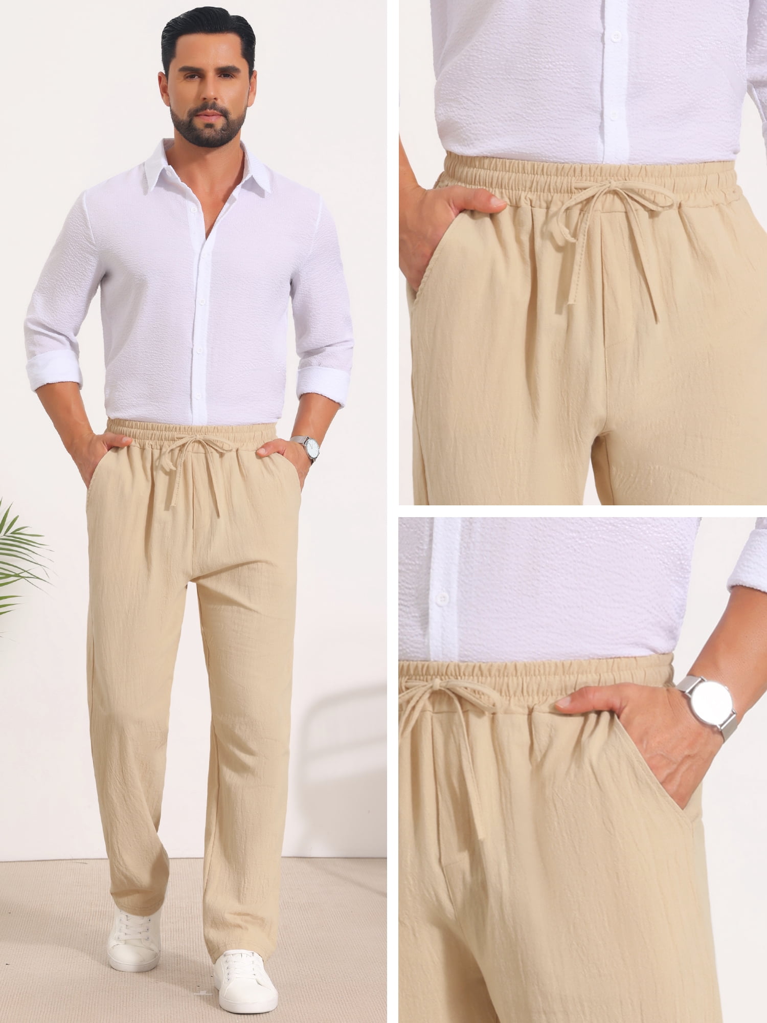 DARING DIVA Men's Beach Pants Drawstring Waist Breathable Summer Linen Pants 36 Khaki