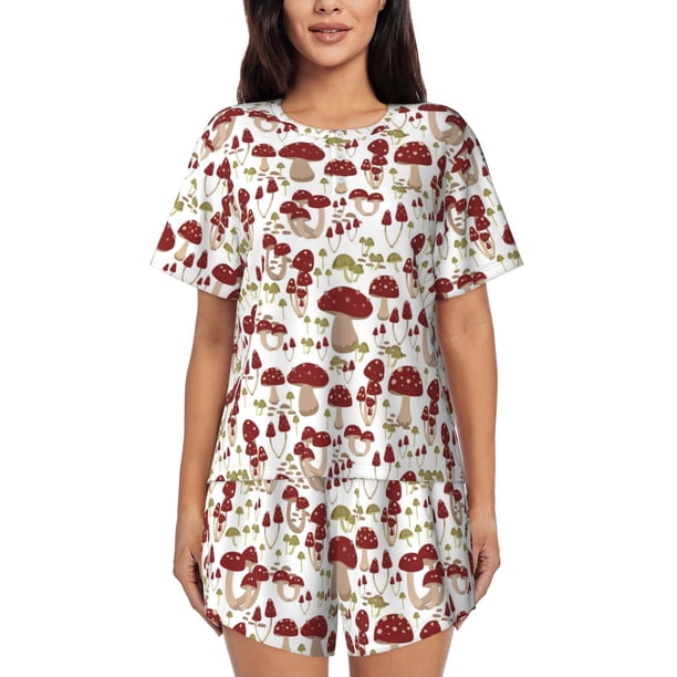 Balery Mushroom Conjunto de Pijama para Mujer con Estampado, Dos Piezas de Manga Corta y Shorts, Ropa de Dormir Suave con Cuello Redondo y Bolsillos-Small