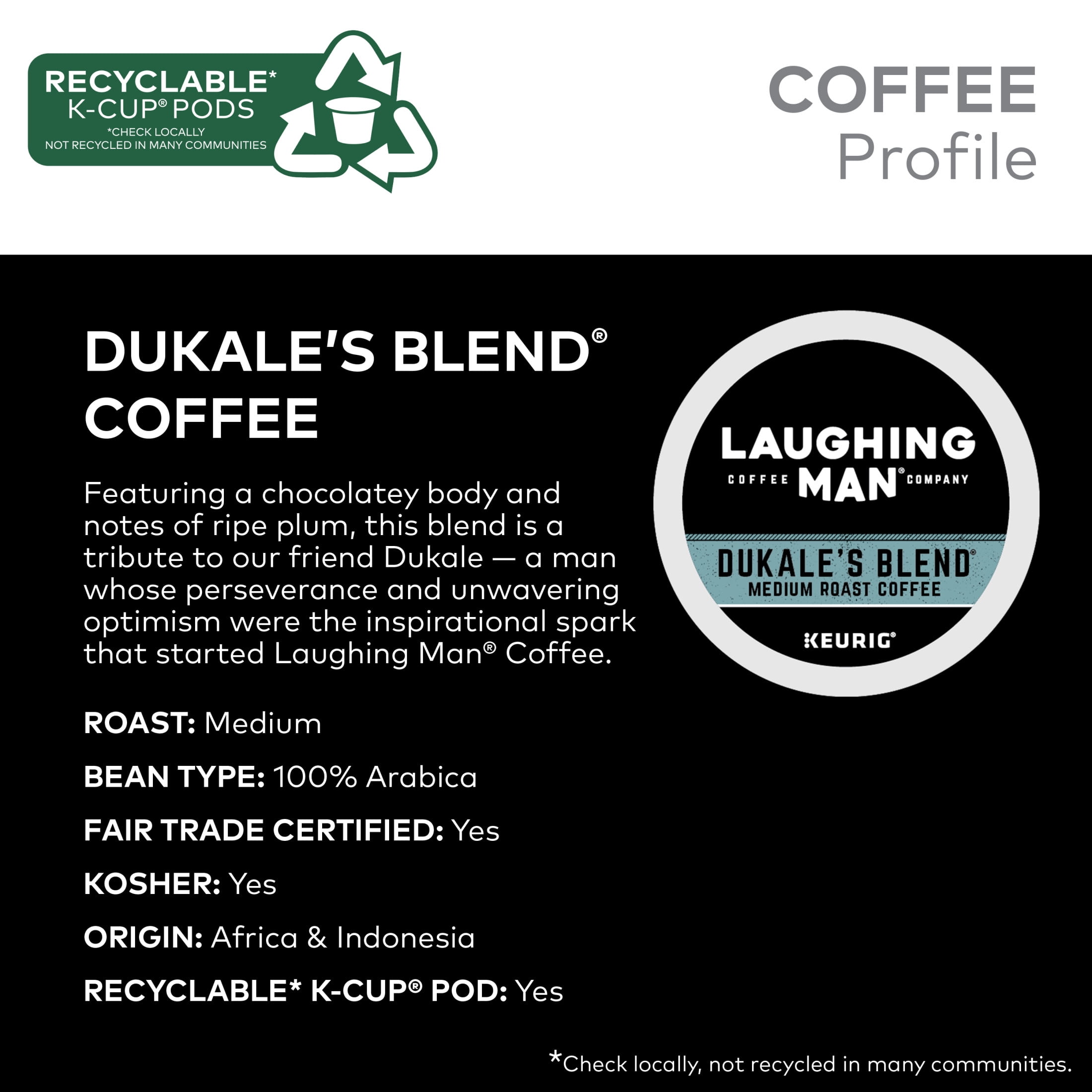Laughing Man Dukale's Blend Coffee, Keurig K-Cup Pod, Medium Roast, 22ct