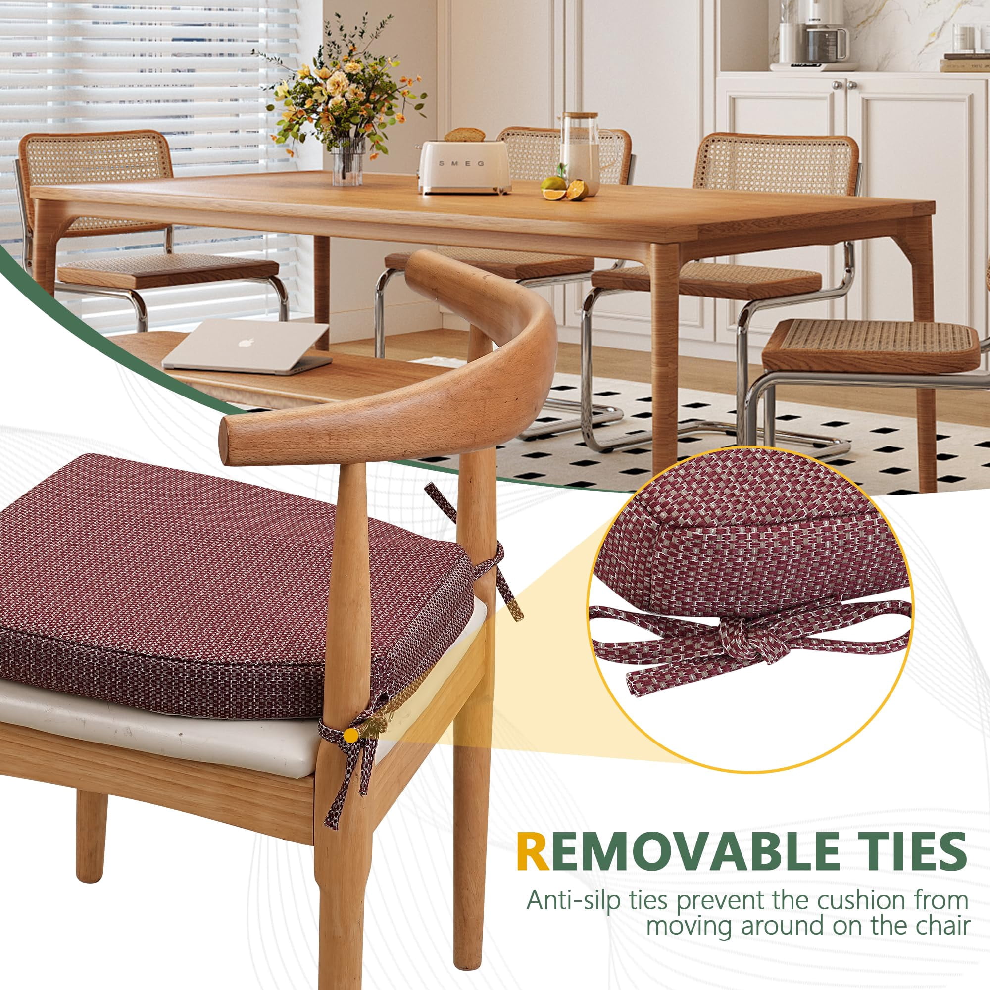 Chair Cushions for Dining Chairs Set of 2, D-Shaped 17" x 16" Memory Foam Seat Cushions, 2" Thick Olefin Kitchen Chair Pads with Ties & Non-Slip Backing, Wine Red